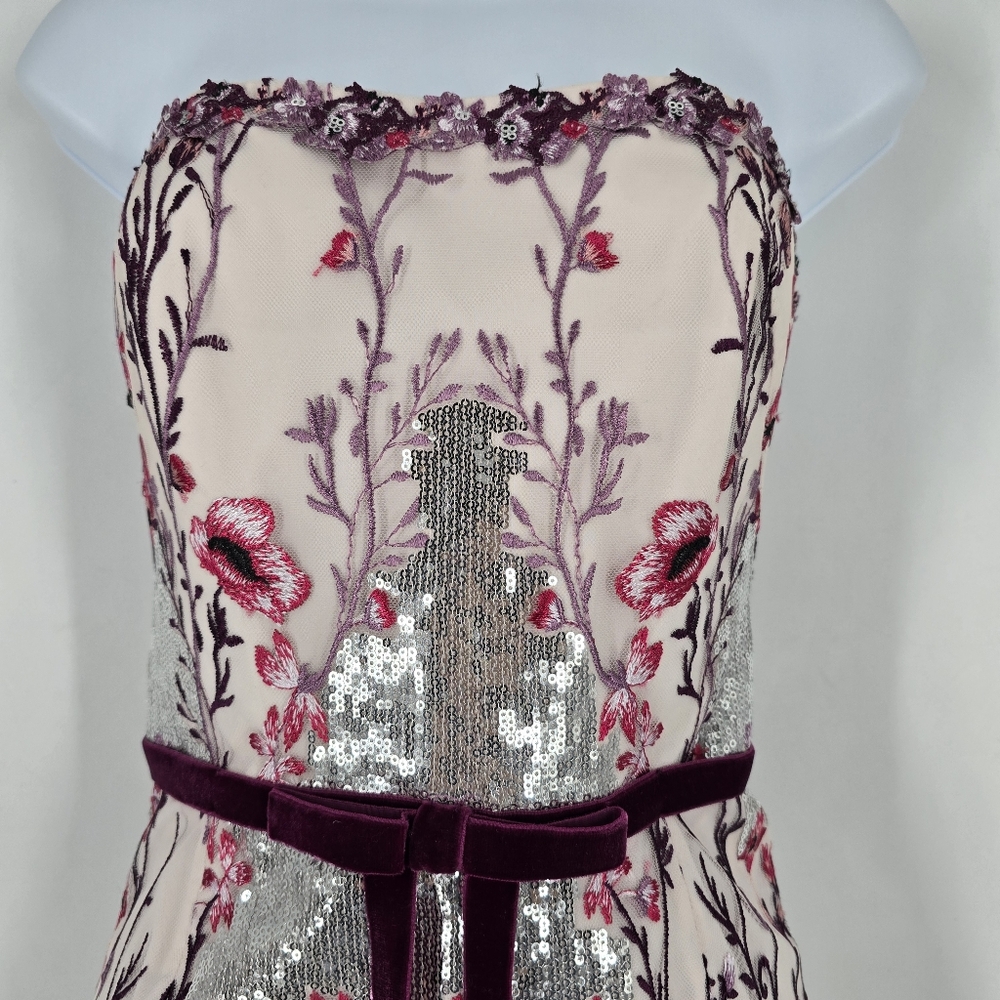 Marchesa Notte Floral Embellished Strapless Midi Dress Cocktail Wedding Size 2 - Picture 3 of 13